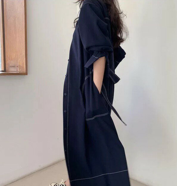 デニム シャツワンピース 長袖 ロング デニムワンピース レディース Aライン スタンドカラー 立ち襟 スリット ウエストマーク ウエストリボン 大きいサイズ ロングコート 羽織り 韓国 ファッション シンプル カジュアル おしゃれ 20代 30代 40代