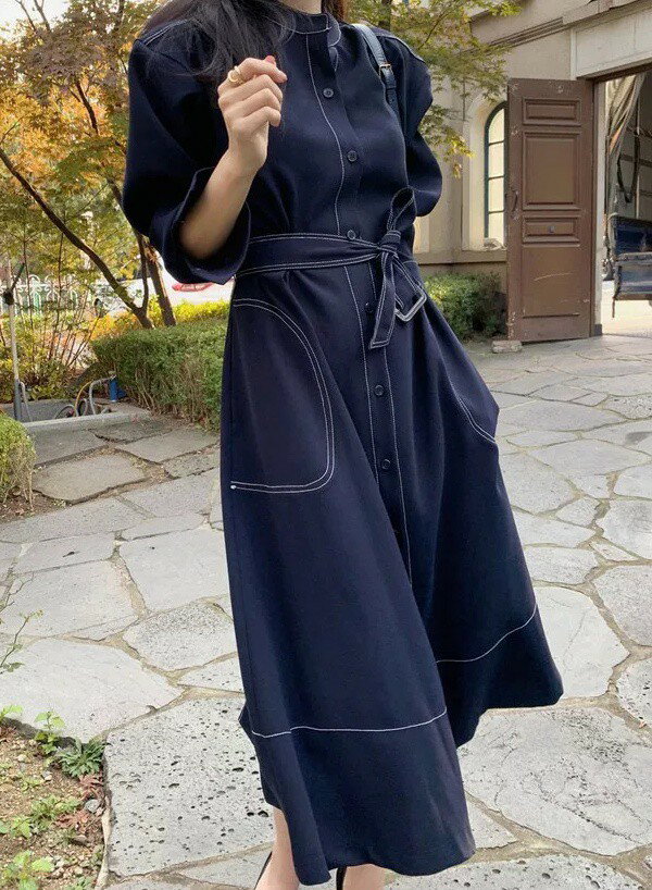 デニム シャツワンピース 長袖 ロング デニムワンピース レディース Aライン スタンドカラー 立ち襟 スリット ウエストマーク ウエストリボン 大きいサイズ ロングコート 羽織り 韓国 ファッション シンプル カジュアル おしゃれ 20代 30代 40代