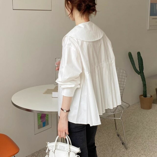 Long-Sleeved - 襟付き バックプリーツ ブラウス シャツ レディース 長袖 トップス シャツブラウス プリーツ ビッグカラー ラウンドカラー 丸襟 通勤服 オフィス 韓国 ファッション 春 秋 カジュアル シンプル おしゃれ きれいめ