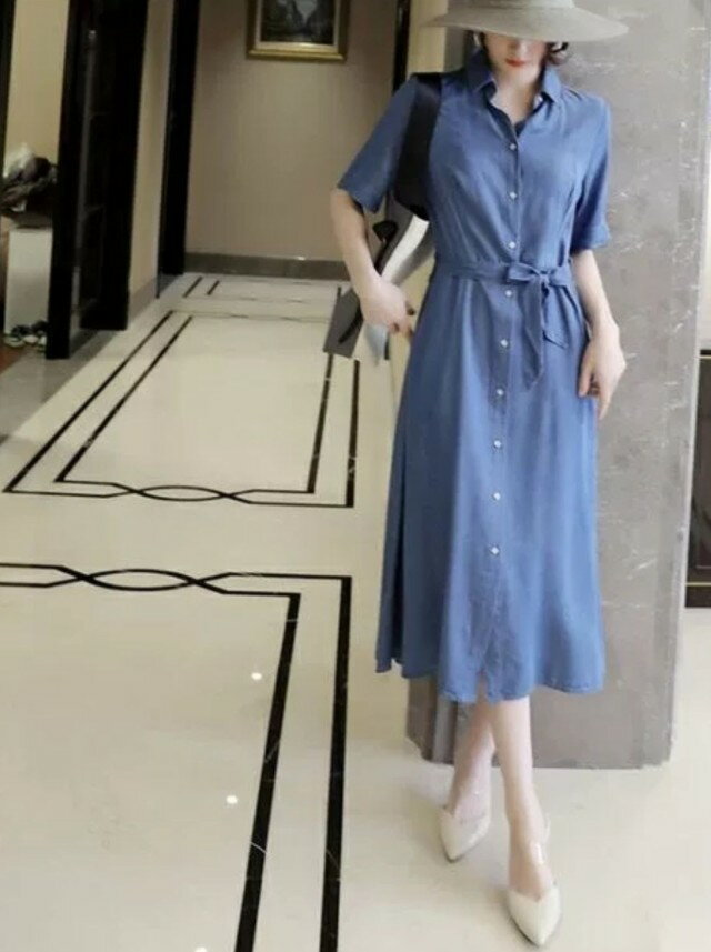 デニム シャツワンピース 半袖 襟付き ワンピース レディース Aライン ロング シンプル カジュアル 大きいサイズ 3L 青 ウエストマーク 夏 春 ウエストリボン 春夏 韓国 ファッション 20代 30代 40代