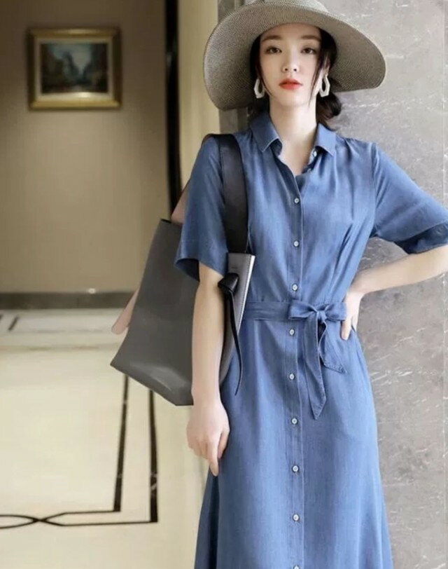 デニム シャツワンピース 半袖 襟付き ワンピース レディース Aライン ロング シンプル カジュアル 大きいサイズ 3L 青 ウエストマーク 夏 春 ウエストリボン 春夏 韓国 ファッション 20代 30代 40代