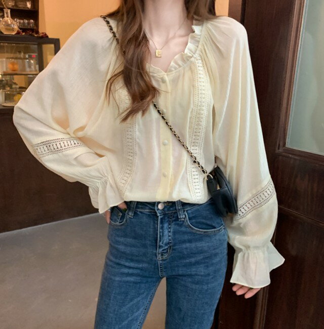 フリル襟シャツブラウスレディース長...