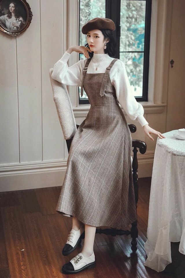 グレンチェック ジャンパースカート ロング セットアップ レディース ワンピース リブニット 長袖 モックネック 大きいサイズ 韓国 ファッション シンプル カ...