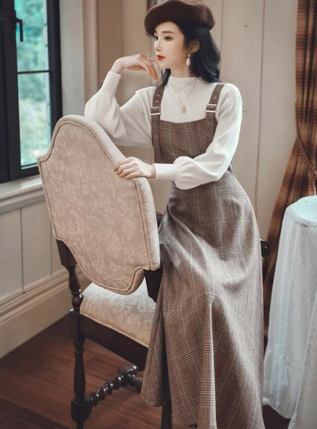 グレンチェック ジャンパースカート ロング セットアップ レディース ワンピース リブニット 長袖 モックネック 大きいサイズ 韓国 ファッション シンプル カジュアル レトロ ガーリー 大人 コーデセット