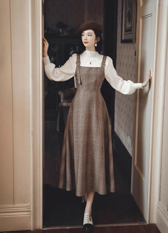 グレンチェック ジャンパースカート ロング セットアップ レディース ワンピース リブニット 長袖 モックネック 大きいサイズ 韓国 ファッション シンプル カジュアル レトロ ガーリー 大人 コーデセット