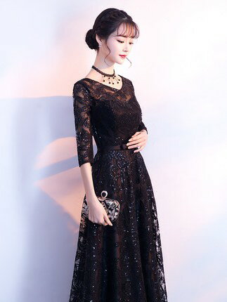 パーティードレス 袖あり 七分袖 ロングドレス 総レース 黒 大きいサイズ 3L 4L 小さいサイズ ウエストリボン ウエストマーク 花柄 刺繍 透け感 マキシ丈 ワンピース Aライン フレア フォーマル 結婚式 お呼ばれ 演奏会 20代 30代 40代