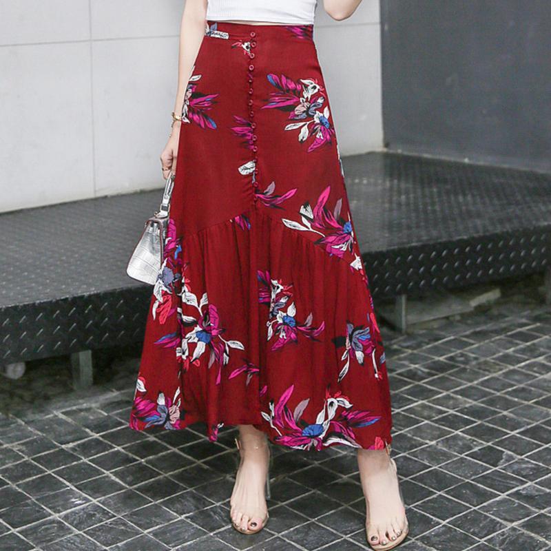 花柄 ロングスカート スリット スカート レディース ボトムス フロントボタン ロング丈 マキシ丈 