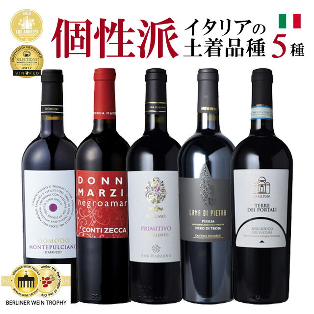 格付けイタリアワイン（DOCG） 【バローロプレゼントキャンペーン中】イタリアの個性派土着品種5種飲み比べセット 濃旨 赤ワイン 5本セット 濃厚 赤ワイン 金賞ワイン DOCGお中元 中元ギフト 飲み比べ 神の雫 イタリアワイン 本間チョースケ マリアージュ 赤ワインセット イタリアワインセット