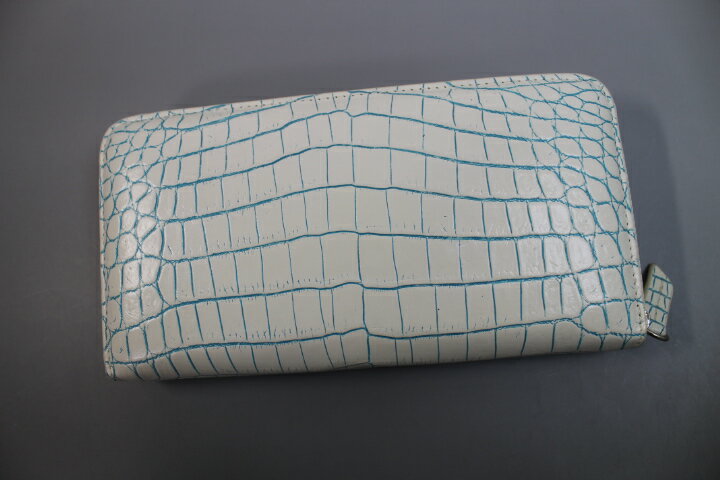 【最上級品】バニラブルー 一枚革センター取り クロコダイル 長財布 財布 本物 目地染め ヘンローン社製 ギフト プレゼント クロコ 財布 ワニ本革 ラウンドファスナー