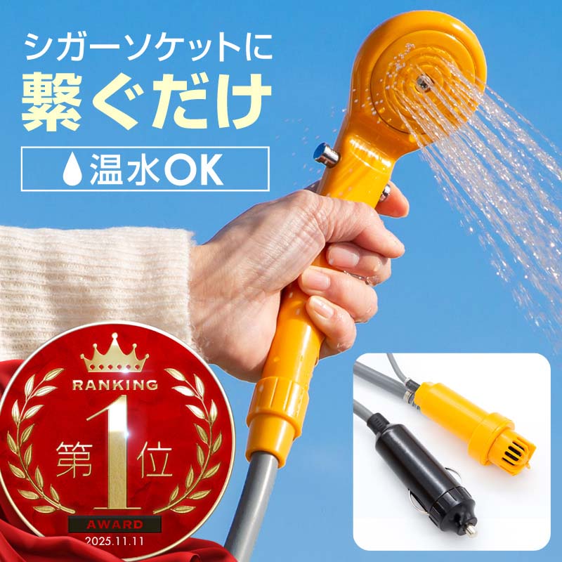 ポータブルシャワー 簡易シャワー シガーソケット 12V 温水 お湯 水 電動 ポンプ 手元スイッチ 洗車 アウトドア キャンプ サーフィン 釣り 海水浴 防災 どこでも シャワーポンプ