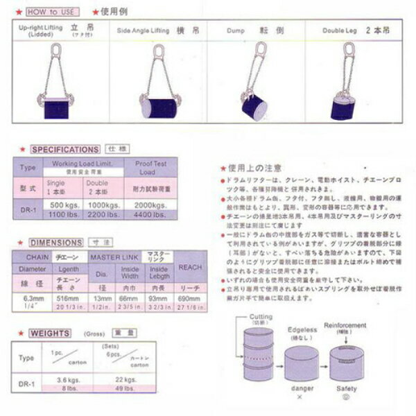 【ポイント5倍 1/7〜順次対応】 ドラムリフター スリングチェーン ドラム缶リフター 使用荷重 1000kg ダブル 500kg シングル ユニック クレーン 等で吊り上げることができますリフタードラム缶専用 吊り具 _75064