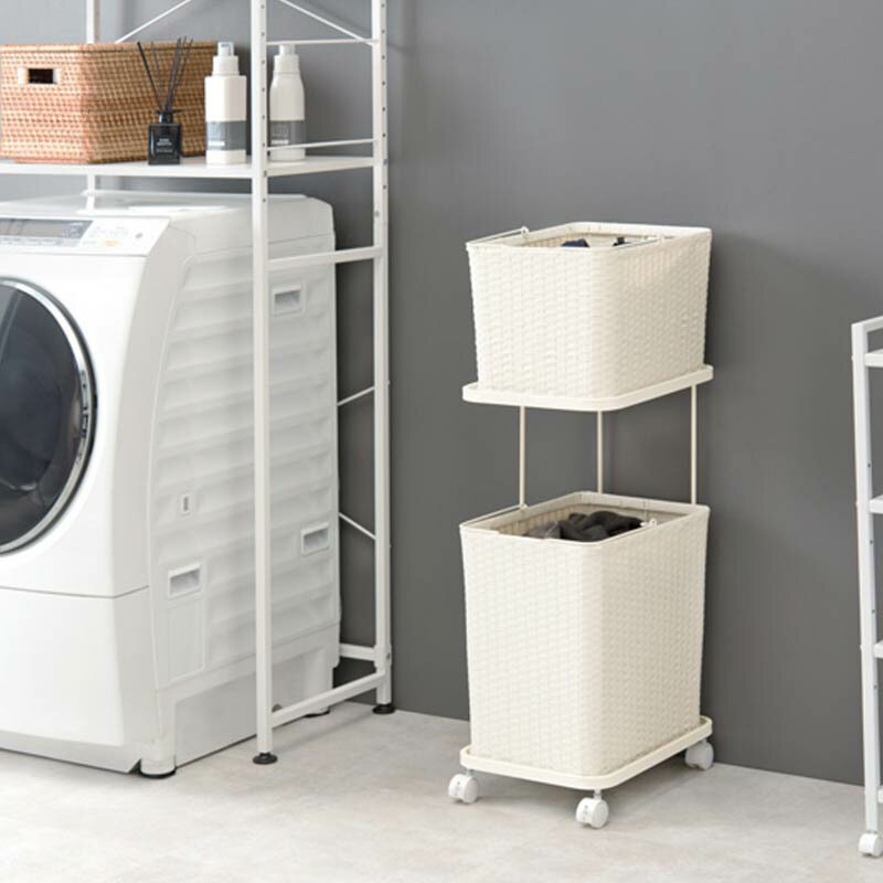 ランドリーラック ランドリーバスケット 2段 スリム バスケット付 キャスター付き 大容量 おしゃれ スクエア 四角 角型 縦型 ランドリーワゴン 二段 洗濯かご ランドリー収納