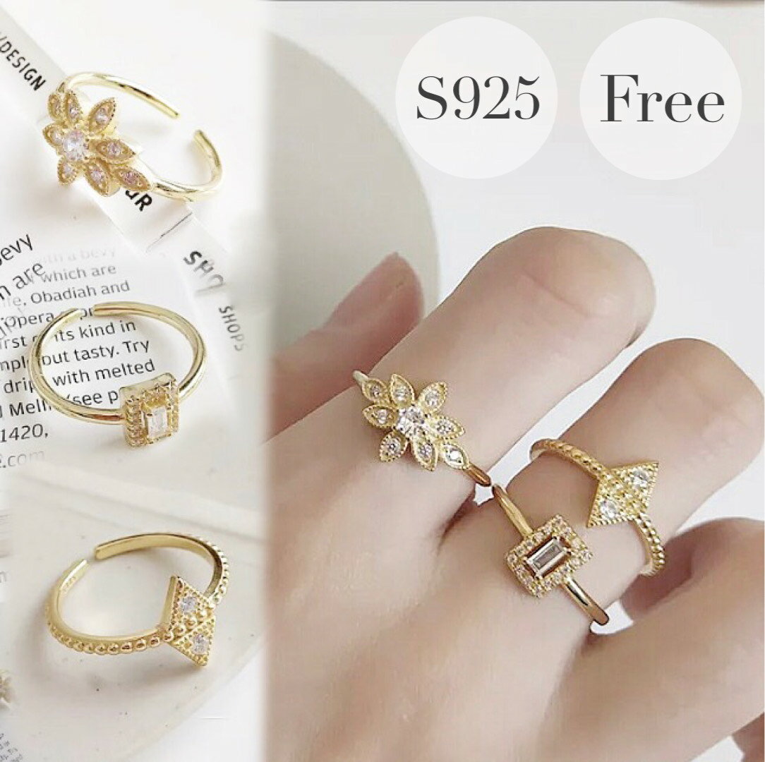 925 リング フリーサイズ 金属アレルギー対応 金属アレルギー S925 指輪 華奢 重ね付け レイヤード シンプル ゴールド 1000円 1000円ポッキリ ファッションリング ミル打ち ラインストーン 韓国のサムネイル