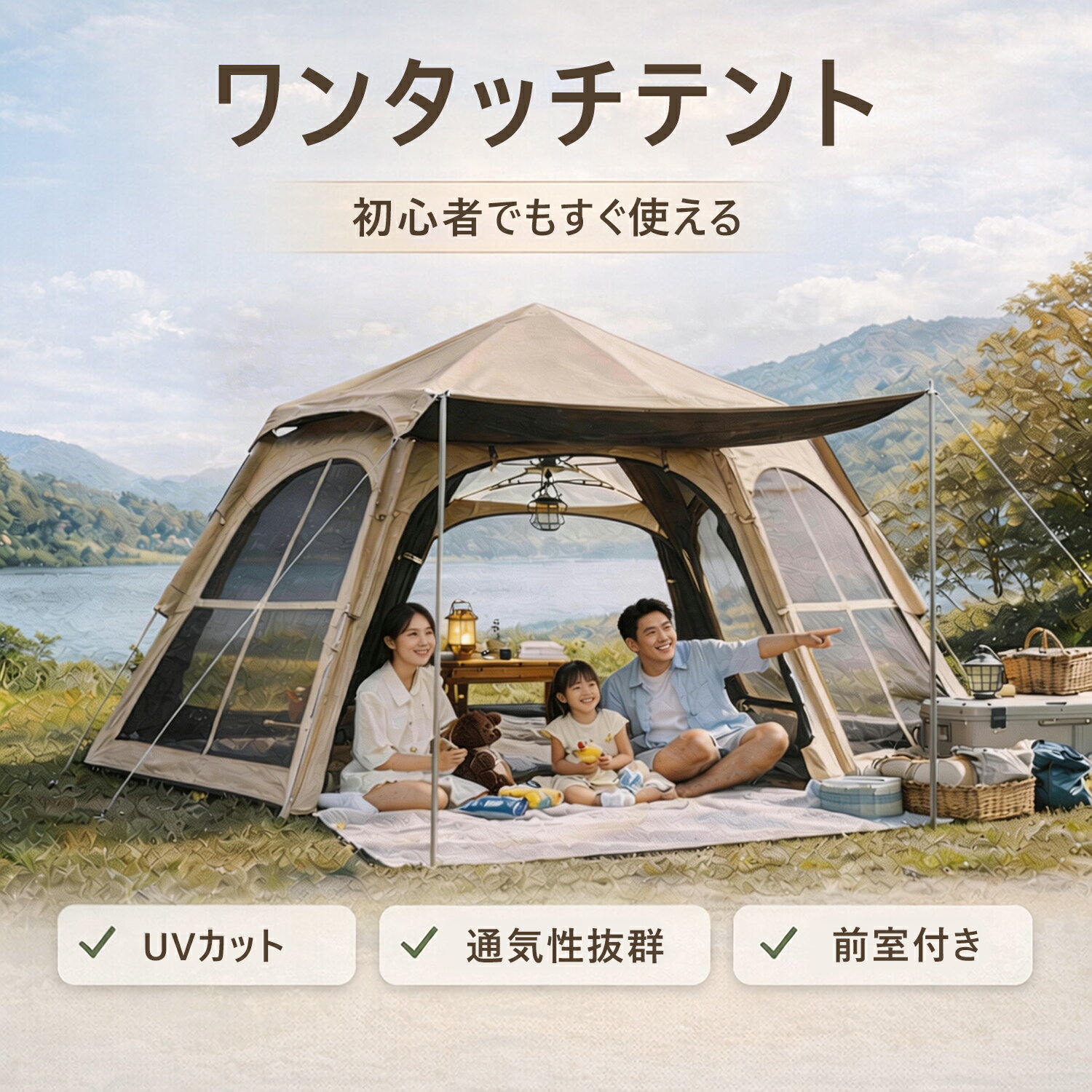 乐天商城 - 2026年新型 ポップアップ・ワンタッチテント ワンタッチテント ポップアップテント ドーム型テント 大型 3〜5人用 六角形 UVカット99% 遮光 遮熱 防水3000mm 夏対策 虫よけ メッシュ 通気性 前室付き 軽量 コンパクト 簡単設営 30秒! ファミリー キャンプ アウトドア 人気