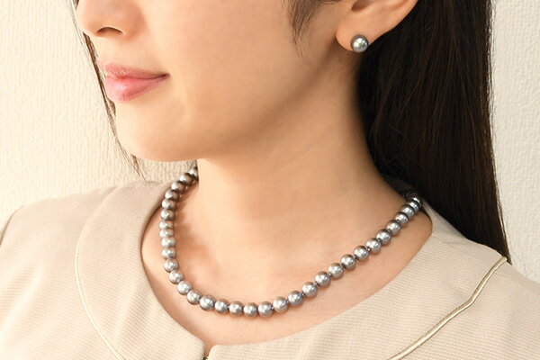 上級 8mm グレー 淡水真珠 ネックレス ピアス/イヤリング セット　贅沢な大粒の美珠 シルバーグレー　品良く華やか　冠婚葬祭どの場面でも使えます