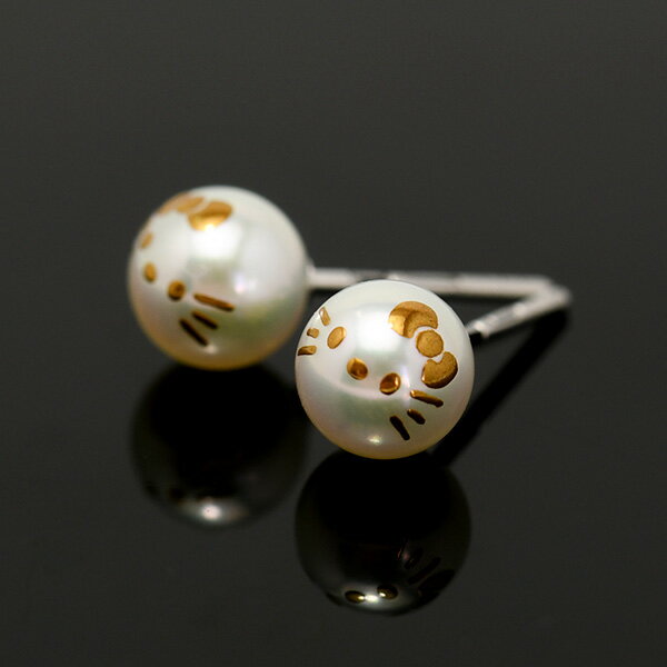 サンリオ公式 ハローキティ & ミミィ 無調色 アコヤ真珠 K18WG ピアス　HELLO KITTY Pearl Earring CON