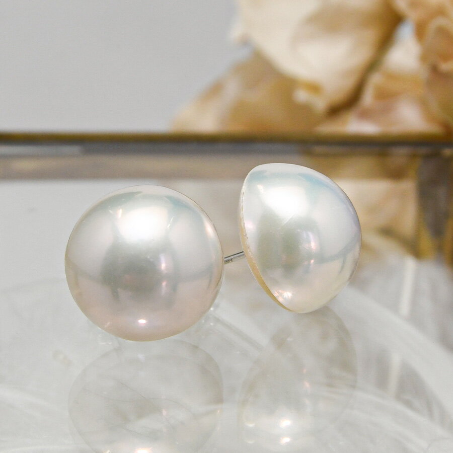 15mm 淡水真珠 ピアス イヤリング K18 K14 SV925　マベ メタリックに輝く存在感抜群特大パール！
