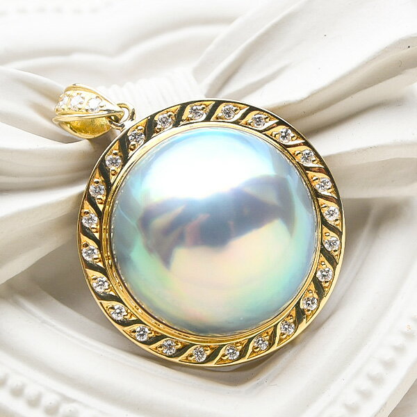 16mm ブルーグリーン マベ真珠 ダイヤモンド K18YG ペンダントトップ　至高の輝き！ 世界に誇る日本奄美産の一級品！ NA09