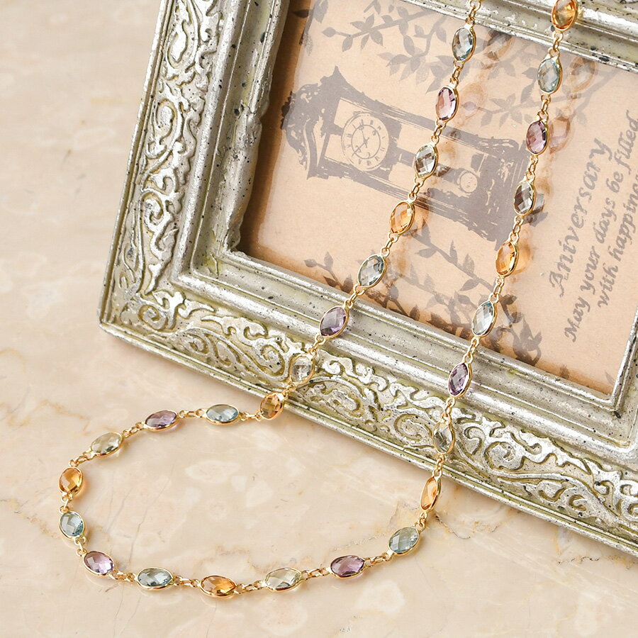 K18YG マルチカラー 天然石 ネックレス　チェスカットが煌めくキャンディカラー アメジスト ブルートパ..