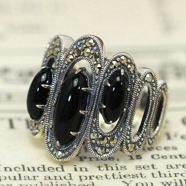 碌山 オニキス マルカジット リング　つややかな引き締めブラックがカッコいいアンティークデザイン 202R0278-ONC RP【メール便不可】