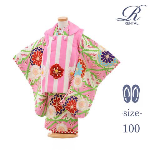 【安心の4泊5日】【3日前お届け】【草履・足袋セット】【レンタル/3才/w-36】JAPAN STYLE×村田諒太・ピンクストライプ花柄被布・ピンク×緑色地鶴・花 七五三 着物 3歳 セット 女の子 被布セット 3才 三才 三歳 女児 被布セット 被布 フルセット女児 100
