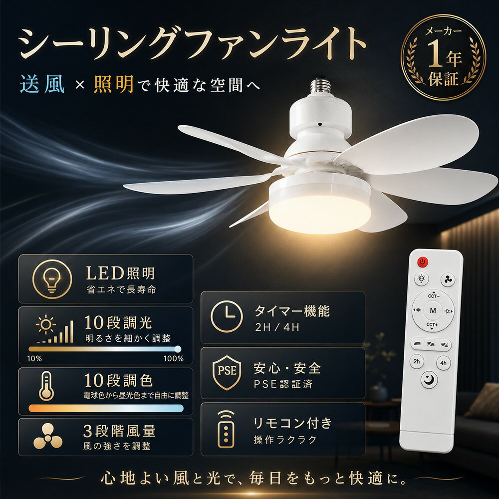 Rakuten - 【2026最新モデル】シーリングファンライト 4畳 6畳 ファン付きシーリングライト サーキュレーター付きシーリングライト E26口金 DCモーター リモコン付き 3段階風量 10段階調光調色 静音 省エネ 工事不要 小型 天井照明 寝室 リビング ダイニング 玄関 脱衣所 トイレ 洗面所
