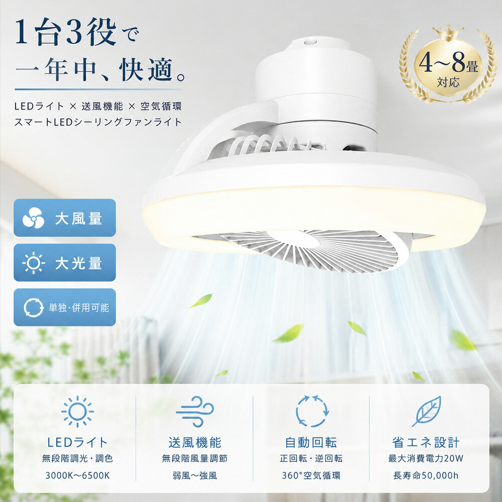 CEILING LIGHT OTHER TYPES関連商品をご紹介 A1 A2 A6 ■ SPEC 商品詳細 ■ 商品名 LEDシーリングファンライト LEDライト最大消費電力 20W 全光束 4000LM(強時） ファン最大消費電力 10W 色温度 無段階調光調色 風量 無段階調節 入力電圧 AC85V〜265V　50/60HZ 演色性 ≧Ra85 サイズ（約） φ250mmX150mm 重量 0.79kg 自動回転 90度、180度、360度 スイング（手動） 0度、12度、18度 材質 ABS+DCモーター スイッチタイプ リモコン操作、スマホ操作、音声操作 設計寿命 50000時間 保証期間 2年 照射角度 180° 付属品 シーリングライト本体、リモコン、単4形電池、日本語説明書、3M両面テープ、リモコンホルダー ■ POINT おすすめポイント ■ リモコン & スマホ操作 & 音声操作 （1）リモコンのペアリング：シ一リングファンライトの電源を接続した後、リモコンの「CH」ボタンを5秒間押し続けてください。シーリングファンライトが点滅した場合、リモコンとシーリングファンライトのペアリングが成功したことを示しています。 （2）スマホ操作：【Tuya smart】アプリでも簡単操作、省エネでスマート、生活の質を向上させます，リモコン無くても安心！ （3）音声操作：通常モデルと同様にリモコンがついているほか、スマートフォンアプリAlexa・Googleで操作できます。 一台二役、光＆風一体化 LEDファンライトは「ファン」と「LEDライト」を組み合わせたシーリングファンライトです。天井に設置することで風と光をお届け！循環効率がアップし、足元に置かないので邪魔にならず小さなお子様やペットがいるご家庭に最適！お部屋の空気をしっかり循環し、温度差を解消する同時、居心地の良い雰囲気を作り出す快適に。 90度、180度、360度の自動首振り 90°・180°・360°の自動回転機能を備えており、部屋全域に均等に風を届けます。風向きを自由に調整でき、特に360°回転機能により広範囲に風を送り出します。どの場所にいても快適な空間を作り出せます。 正逆回転機能 シーリングファンライトの特徴の一つ「サーキュレーション効果」、お部屋の空気を循環させることで、冷暖房効率を上げる動きをします。暖房時は天井付近にたまった暖気を下向きに循環、冷房時は床付近にたまった冷気を上へ循環させてくれるので冷たい空気や暖かい空気は室内の上下に滞留しがち、そんな偏った空気をかきまぜて、効率よく空気を循環させることによって冷暖房効果を高められるのがこの商品の最大の魅力です。 無段階調光調色機能 高演色性LEDを採用した色温度（3000K-6500K）も明るさを0％～100％も無段階的で楽に切り替えできます。無階段調光を組み合わせると多種類の光を実現！ タイマー機能、メモリ機能、常夜灯モード 就寝時や外出時に自動的に運転を操作してくれ安全安心！メモリー機能が搭載されたので、オフする直前の状態が再現されます。リモコンの「常夜灯」スイッチを押すと、低消費電力になります。真っ暗だと眠れない方にも安心の常夜灯付きます。一人寝て始めたばかり子供の部屋また夜間授乳に最適！個人や家族の好みや日常的なニーズに対応可能！ 引っ掛け対応・工事不要、さまざまな取り付け方法に対応 わずか2分で簡単に取り付け可能。専門業者に依頼せず、ご自身で手軽に設置できます。角型や丸型の引掛けシーリングなど、一般的な配線器具に幅広く対応し、本体をそのまま取り付けることができます。 2年間品質保証 保証期間内に不具合、故障がございましたら、ご遠慮なくメールにてお問い合わせてください。修理または交換対応させていただきます。 様々なシーンで活躍 コンパクトで場所を取らないので、リビング、寝室、ダイニング、子供部屋、書斎など、空気がこもりやすい家庭のさまざまな空間で活躍！圧迫感が無く、お部屋が広く感じられます。 アフターサービス ■商品についてご不明点や質問などがありましたら、お気軽にお問合せください。年中無休にてお客様のお問合せに対応いたします。 ▼検索ワード LEDシーリングファンライト LEDシーリングファンライト 10畳 ledシーリングファンライト 導光板 ファン付きシーリングライト LEDシーリングファンライト 12畳 LEDシーリングファンライト DCモーター LEDシーリングファンライト リモコン付き シーリングファンライト シーリングライト シーリングファン 天井ファン 天井扇風機 ライト付き LEDシーリングライト スマホ操作 リモコン付き 天井照明 扇風機 北欧 ライト ceilingfan light シーリング ファン 低い ファン付き照明 トイレ おしゃれ ファン付き照明器具 洗面所 小型 10畳 12畳 8畳 6畳 ファン付きライト ファン付きledシーリングライト ファン付きシーリングライト 8畳 14畳 ライト付きファン ledシーリングファンライト サーキュレーター サーキュレーター付き照明 サーキュレーター付きシーリングライト サーキュレーター付きledライト サーキュレーター付き照明 首振り 自動首振り 電気 照明付きシーリングファン サーキュレーターライト アレクサ対応 alexa対応 薄型 スマート 静音 日本製 天井ファンライト ホワイト 工場 脱衣所 クローゼット 玄関 小型シーリングファン アレクサ ライト付きファン 照明付きファン LEDライト付きファン LED照明付きファン シーリングファンライト LEDファン付き照明 シーリングファンライト LEDファン付き照明 シーリングファンライト LEDシーリングファンライト 脱衣所 引掛 シーリングファンライト 6畳 シーリングファンライト 調光調色 シーリングファンライト 首振り シーリングファンライト LED 調光調色 シーリングファンライト 軽量 シーリングファンライト 小型 シーリングファンライト 薄型 軽量 シーリングライト おしゃれ シーリングライト 6畳 シーリングライト 北欧 シーリングライト 12畳 照明器具 シーリングライト ファン付き シーリングライト LEDファン 20畳 シーリングライト ファン シーリングファンライト シーリングファンライト LED シーリングファン 傾斜天井 シーリングファン 照明なし シーリングファン 小型 シーリングファン 薄型 シーリングファン 掃除 シーリングファン DCモーター シーリングファン 吹き抜け 扇風機付きシーリングライト 扇風機付き照明 扇風機付き 扇風機付きベスト ネッククーラー 扇風機付き 扇風機付き傘 サーキュレーター DCモーター サーキュレーター 壁掛け ペンダントライト 北欧 常夜灯 LED 扇風機 DCモーター 扇風機カバー 扇風機 リビング 家庭 新生活 取付簡単 扇風機高輝度 リビング 軽量 小型 静か 調光調色 E26 10畳 新生活 一人暮らし 子供部屋 和室 洋室 シーリングライト 8畳 3畳 照明器具 キッチン シーリング 節電 薄型 コンパクト 照明 省エネ eco 明かり 光 灯り ダイニング ライト インテリア照明 電気 プレゼント ギフト ledシーリングライト 洗面所 小型 薄型 シーリングライト 5畳 6畳 明るい シーリングライト led 6畳 ledシーリングライト おしゃれ PSE認証 引掛式 簡単取付 家庭用照明 led お部屋を明るく 薄型タイプ 天井 照明 照明器具 電気 部屋 洋室 和室 リビング 寝室 ダイニング 子供部屋 おしゃれなシーリングライト 親生活 安い 買い替え 便利 売れ筋 人気■ SPEC 商品詳細 ■ 商品名 LEDシーリングファンライト LEDライト最大消費電力 20W 全光束 4000LM(強時） ファン最大消費電力 10W 色温度 無段階調光調色 風量 無段階調節 入力電圧 AC85V〜265V　50/60HZ 演色性 ≧Ra85 サイズ（約） φ250mmX150mm 重量 0.79kg 自動回転 90度、180度、360度 スイング（手動） 0度、12度、18度 材質 ABS+DCモーター スイッチタイプ リモコン操作、スマホ操作、音声操作 設計寿命 50000時間 保証期間 2年 照射角度 180° 付属品 シーリングライト本体、リモコン、単4形電池、日本語説明書、3M両面テープ、リモコンホルダー ■ POINT おすすめポイント ■ リモコン & スマホ操作 & 音声操作 （1）リモコンのペアリング：シ一リングファンライトの電源を接続した後、リモコンの「CH」ボタンを5秒間押し続けてください。シーリングファンライトが点滅した場合、リモコンとシーリングファンライトのペアリングが成功したことを示しています。 （2）スマホ操作：【Tuya smart】アプリでも簡単操作、省エネでスマート、生活の質を向上させます，リモコン無くても安心！ （3）音声操作：通常モデルと同様にリモコンがついているほか、スマートフォンアプリAlexa・Googleで操作できます。 一台二役、光＆風一体化 LEDファンライトは「ファン」と「LEDライト」を組み合わせたシーリングファンライトです。天井に設置することで風と光をお届け！循環効率がアップし、足元に置かないので邪魔にならず小さなお子様やペットがいるご家庭に最適！お部屋の空気をしっかり循環し、温度差を解消する同時、居心地の良い雰囲気を作り出す快適に。 90度、180度、360度の自動首振り 90°・180°・360°の自動回転機能を備えており、部屋全域に均等に風を届けます。風向きを自由に調整でき、特に360°回転機能により広範囲に風を送り出します。どの場所にいても快適な空間を作り出せます。 正逆回転機能 シーリングファンライトの特徴の一つ「サーキュレーション効果」、お部屋の空気を循環させることで、冷暖房効率を上げる動きをします。暖房時は天井付近にたまった暖気を下向きに循環、冷房時は床付近にたまった冷気を上へ循環させてくれるので冷たい空気や暖かい空気は室内の上下に滞留しがち、そんな偏った空気をかきまぜて、効率よく空気を循環させることによって冷暖房効果を高められるのがこの商品の最大の魅力です。 無段階調光調色機能 高演色性LEDを採用した色温度（3000K-6500K）も明るさを0％～100％も無段階的で楽に切り替えできます。無階段調光を組み合わせると多種類の光を実現！ タイマー機能、メモリ機能、常夜灯モード 就寝時や外出時に自動的に運転を操作してくれ安全安心！メモリー機能が搭載されたので、オフする直前の状態が再現されます。リモコンの「常夜灯」スイッチを押すと、低消費電力になります。真っ暗だと眠れない方にも安心の常夜灯付きます。一人寝て始めたばかり子供の部屋また夜間授乳に最適！個人や家族の好みや日常的なニーズに対応可能！ 引っ掛け対応・工事不要、さまざまな取り付け方法に対応 わずか2分で簡単に取り付け可能。専門業者に依頼せず、ご自身で手軽に設置できます。角型や丸型の引掛けシーリングなど、一般的な配線器具に幅広く対応し、本体をそのまま取り付けることができます 2年間品質保証 保証期間内に不具合、故障がございましたら、ご遠慮なくメールにてお問い合わせてください。修理または交換対応させていただきます。 アフターサービス ■商品についてご不明点や質問などがありましたら、お気軽にお問合せください。年中無休にてお客様のお問合せに対応いたします。 RELATED PRODUCTS関連商品をご紹介 A1 A2 A6 ▼検索ワード LEDシーリングファンライト LEDシーリングファンライト 10畳 ledシーリングファンライト 導光板 ファン付きシーリングライト LEDシーリングファンライト 12畳 LEDシーリングファンライト DCモーター LEDシーリングファンライト リモコン付き シーリングファンライト シーリングライト シーリングファン 天井ファン 天井扇風機 ライト付き LEDシーリングライト スマホ操作 リモコン付き 天井照明