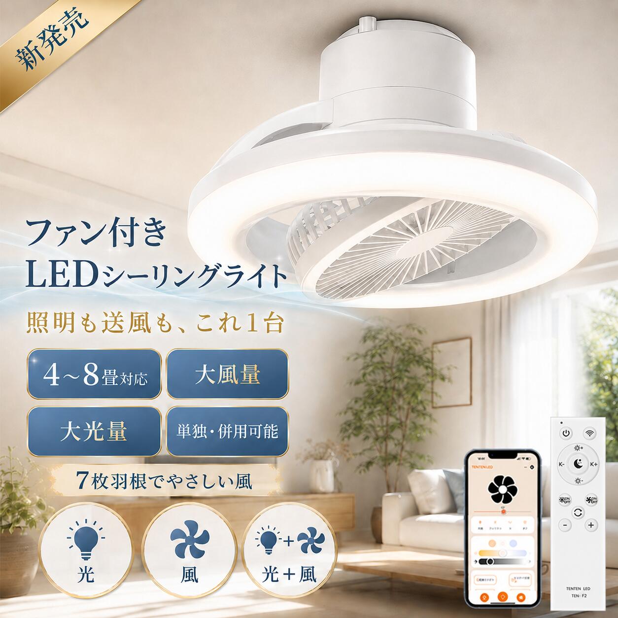 CEILING LIGHT OTHER TYPES関連商品をご紹介 A1 A2 A6 ■ SPEC 商品詳細 ■ 商品名 LEDシーリングファンライト LEDライト最大消費電力 20W 全光束 4000LM(強時） ファン最大消費電力 10W 色温度 無段階調光調色 風量 無段階調節 接続方式 引掛シーリング サイズ（約） φ250mm X 150mm 入力電圧 AC85V〜265V　50/60HZ 演色性 ≧Ra85 材質 PC、ABS 重量 0.79kg スイッチタイプ リモコン操作、スマホ操作、音声操作 設計寿命 50000時間 保証期間 2年 付属品 シーリングライト本体、リモコン、単4形電池、日本語説明書、3M両面テープ、リモコンホルダー ■ POINT おすすめポイント ■ 夏も冬も快適な正逆回転機能 正回転・逆回転の切り替えが可能です。夏は正回転で風を下向きに送り、涼しく快適な空間を作ります。冬は逆回転で天井付近に溜まった暖気を循環させ、お部屋全体を効率よく暖めます。季節を問わず一年中快適にご使用いただけます。 スマホ操作＆メモリー機能 専用アプリに対応しており、スマートフォンから照明やファンを簡単に操作できます。メモリー機能搭載で、前回消灯時の明るさ・色温度・風量設定を記憶し、再点灯時に同じ設定で使用できます。 手動角度調節対応 ファンの角度を手動で調節できるため、設置場所や使用環境に合わせてお好みの風向きに設定できます。 便利なリモコン操作 リモコンひとつで照明とファンの操作が可能です。電源のオン・オフ、調光調色、風量調節、タイマー設定などを簡単に行えます。最大約10m離れた場所から操作できます。 お部屋全体を効率よく空気循環 ファンが空気を効率よく循環させ、お部屋全体の空気のムラを軽減します。冷暖房効率の向上にも役立ち、より快適な室内環境を実現します。 取り付け簡単・お手入れ簡単 引掛けシーリング対応で、工具不要で簡単に取り付けできます。ファンカバーは取り外し可能なため、お手入れも簡単です。 無段階調光調色・風量調節 明るさや色温度を自由に調整できる無段階調光調色機能を搭載。電球色から昼光色までシーンに合わせて設定できます。また、風量もお好みに合わせて細かく調整できるため、一年中快適にお使いいただけます。 タイマー機能搭載 タイマー機能を搭載しており、就寝時やお出かけ前にも便利です。照明とファンをそれぞれ設定できるため、ライフスタイルに合わせて快適にご利用いただけます。 常夜灯機能 やさしい明かりの常夜灯機能を搭載。就寝時や夜間の移動時にも便利で、寝室や子供部屋などでも快適にご使用いただけます。 DCモーター搭載・静音設計 DCモーターを採用することで、省エネ性能と静音性を両立しました。運転音を抑えながら効率よく送風できるため、寝室や書斎、子供部屋など静かな環境でも快適にご使用いただけます。 省エネ設計で電気代を節約 照明とファンを1台に集約した省エネ設計。空気循環を促進することで冷暖房効率を高め、エアコンとの併用で電気代の節約にも役立ちます。夏は涼しく、冬は暖かく、一年を通して快適な空間を実現します。 PSE認証取得済み 本製品はPSE認証を取得しており、電気用品安全法の基準を満たしています。品質と安全性に配慮した設計で、安心してご使用いただけます。 安心の2年保証 ご購入日より2年間の保証付きです。万が一、通常使用において不具合が発生した場合は、当店までご連絡ください。迅速に対応させていただきます。 ▼検索ワード LEDシーリングファンライト ファン付きシーリングライト シーリングファンライト LEDシーリングライト シーリングファン シーリングライト 天井ファン 天井扇風機 天井照明 照明器具 サーキュレーター付き照明 サーキュレーター付きシーリングライト サーキュレーターライト サーキュレーター付きLEDライト ファン付き照明 ファン付きライト ライト付きファン 照明付きファン LEDファン付き照明 LED照明付きファン 扇風機付きシーリングライト 扇風機付き照明 DCモーター リモコン付き スマホ操作 アプリ操作 調光調色 無段階調光 無段階調色 風量調節 正逆回転 タイマー 常夜灯 工事不要 静音 省エネ 節電 PSE認証済み 2年保証 引掛けシーリング 引掛式 小型 薄型 軽量 コンパクト おしゃれ 北欧 モダン ホワイト インテリア照明 空気循環 冷暖房効率アップシーリングライト おしゃれ シーリングライト 北欧 シーリングライト 薄型 シーリングライト 小型 シーリングライト 軽量 シーリングライト コンパクト シーリングライト 調光 シーリングライト 調色 シーリングライト 調光調色 シーリングライト リモコン付き シーリングライト スマホ操作 シーリングライト 常夜灯 シーリングライト タイマー シーリングライト 工事不要 シーリングライト 引掛けシーリング シーリングライト 天井照明 LEDシーリングライト おしゃれ LEDシーリングライト 北欧 LEDシーリングライト 薄型 LEDシーリングライト 小型 LEDシーリングライト リモコン付 ファン付きシーリングライト 6畳 ファン付きシーリングライト 8畳 ファン付きシーリングライト 10畳 ファン付きシーリングライト 12畳 シーリングファンライト 6畳 シーリングファンライト 8畳 シーリングファンライト 10畳 シーリングファンライト 12畳 シーリングライト 6畳 シーリングライト 8畳 シーリングライト 10畳 シーリングライト 12畳 シーリングライト 14畳 シーリングライト 20畳 リビング ダイニング 寝室 子供部屋 和室 洋室 洗面所 脱衣所 玄関 クローゼット キッチン 廊下 一人暮らし 新生活 家庭用■ SPEC 商品詳細 ■ 商品名 LEDシーリングファンライト LEDライト最大消費電力 20W ファン最大消費電力 10W 色温度 無段階調光調色 入力電圧 AC85V〜265V　50/60HZ 演色性 ≧Ra85 接続方式 引掛シーリング サイズ（約） φ250mm X 150mm 材質 PC、ABS 重量 0.79kg スイッチタイプ スマートフォン、リモコン操作 設計寿命 50000時間 保証期間 2年 回転角度 90°、180°、360° 付属品 シーリングライト本体、リモコン、単4形電池、日本語説明書 ■ POINT おすすめポイント ■ 一台二役 LEDライトとファンを組み合わせたシーリングファンライトです。照明とファンはそれぞれ単独でも使用でき、季節やシーンに合わせて快適にお使いいただけます。省スペース設計で、お部屋をすっきりと見せながら快適な空間を実現します。 夏も冬も快適な正逆回転機能 正回転・逆回転の切り替えが可能です。夏は正回転で風を下向きに送り、涼しく快適な空間を作ります。冬は逆回転で天井付近の暖気を循環させ、お部屋全体を効率よく暖めます。一年を通して快適にご使用いただけます。 スマホ操作＆メモリー機能 専用アプリに対応しており、スマートフォンから照明やファンを簡単に操作できます。メモリー機能を搭載しているため、前回使用時の設定を記憶し、再設定の手間を省けます。毎日の操作をより便利にサポートします。 便利なリモコン リモコンひとつで照明・ファンの操作、調光調色、風量調節、タイマー設定が可能です。離れた場所からでも簡単に操作できるため、就寝時やくつろぎ時間にも便利です。最大約10m離れた場所から操作できます。 均一な空気循環 ファンが空気を効率よく循環させ、お部屋全体の空気のムラを軽減します。冷暖房効率の向上にも役立ち、季節を問わず快適な室内環境づくりをサポートします。 掃除・取り付け簡単 引掛けシーリング対応で、工具不要で簡単に取り付けできます。ファンカバーは取り外し可能なため、お手入れも簡単です。日常のメンテナンスも手軽に行えます。 無段階調光調色と風量調節機能 明るさ・色温度・風量を自由に調整でき、お好みに合わせた空間づくりが可能です。電球色から昼光色まで幅広く対応し、さまざまな生活シーンに合わせて快適にご使用いただけます。 タイマー機能 タイマー設定に対応しており、就寝時やお出かけ前にも便利です。照明とファンをそれぞれ設定できるため、ライフスタイルに合わせて快適にご利用いただけます。 常夜灯機能 やさしい明かりで夜間も快適に過ごせます。寝室や子供部屋などでの使用にも適しており、リラックスできる空間づくりをサポートします。 DCモーター搭載・静音設計 DCモーターを採用することで、省エネ性能と静音性を両立しました。運転音を抑えながら効率よく送風できるため、寝室や書斎など静かな環境でも快適にご使用いただけます。 PSE認証取得済み 本製品はPSE認証を取得しており、日本の電気用品安全法の基準を満たしています。品質と安全性に配慮した設計で、安心してご使用いただけます。 安心の2年保証 ご購入日より2年間保証付きです。万が一の不具合が発生した場合も、迅速に対応いたしますので安心してお買い求めいただけます。 アフターサービス ■商品についてご不明点や質問などがありましたら、お気軽にお問合せください。年中無休にてお客様のお問合せに対応いたします。 RELATED PRODUCTS関連商品をご紹介 A1 A2 A6