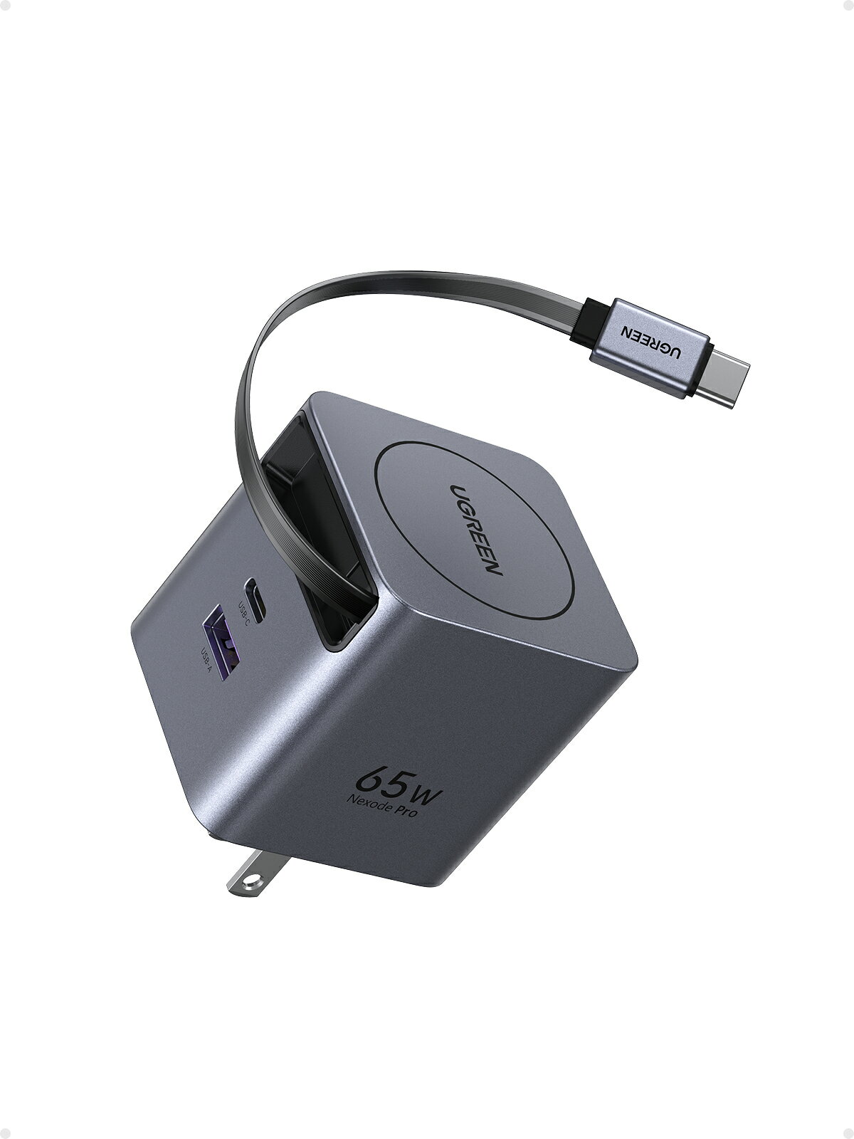 UGREEN 65W GaN巻き取り式ケーブル付き急速充電器 Type-Cポート×1 Type-Aポート×1 USB Type-Cケーブル×1