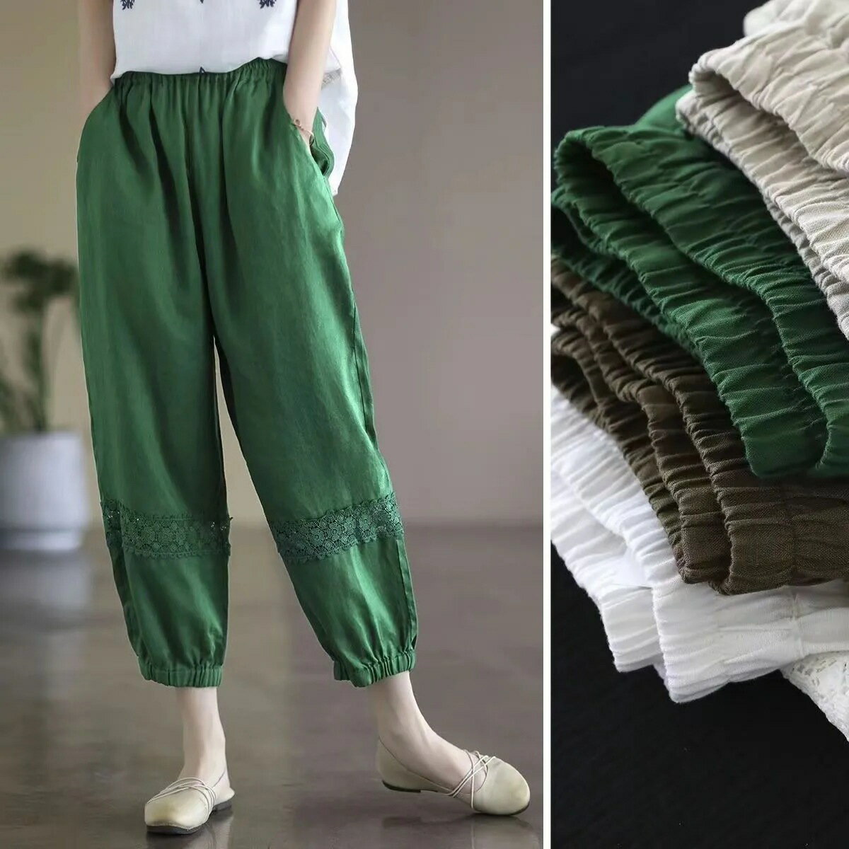 リネンパンツ 9分丈 レディース サマーパンツ 夏 サルエルパンツ レース 刺繍パン...