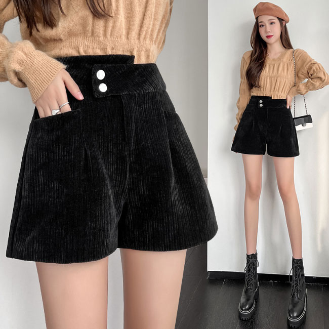 Corduroy - 【送料無料】ショートパンツ レディース 秋冬 ハイウエスト ショート キュロット ボトムス パンツ カジュアル きれいめ 黒 シンプル 着痩せ お洒落 大きいサイズ