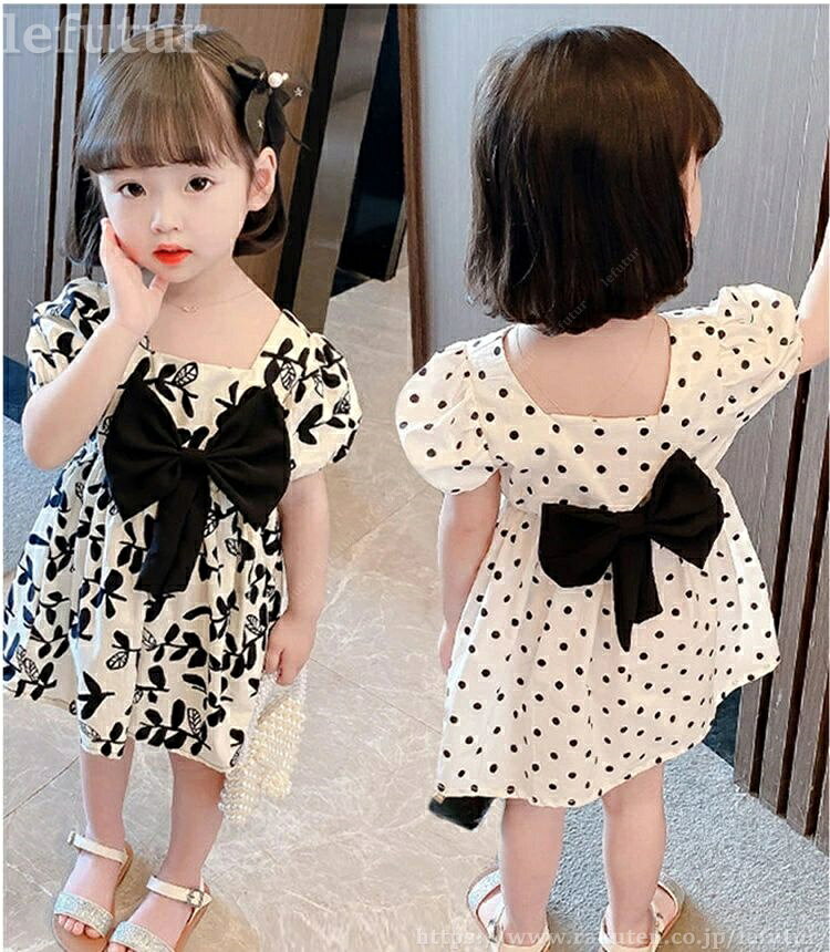 Rakuten - 【送料無料】キッズ ワンピース 半袖 ドット柄 膝丈 キッズ 子供服 ジュニア 女の子 ドット Aライン 水玉柄 ワンピース バックリボン フロントリボン 2way