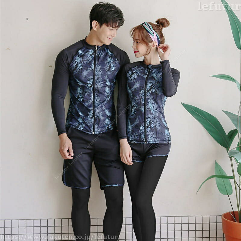 Two-Piece - 【送料無料】体型カバー 水着 ペア ラッシュガード フィットネス水着 カップル ウェットスーツ リーフ柄 水着 体型カバー レディース メンズ お揃い セットアップ 上下セット 5点セット 長袖ラッシュガード