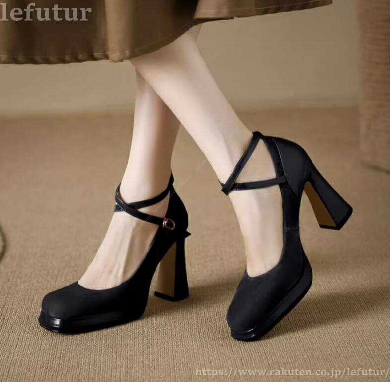 Women'S Shoes - 【送料無料】アンクルストラップ付 パンプス レディース スクエアトゥ ハイヒール チャンキーヒール 太ヒール 靴 シューズ シンプル 女子靴 クロスベルトサンダル
