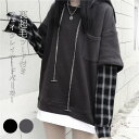 裏起毛パーカー レディース 切り替えパーカー フェイクレイヤード 長袖 フード付き プルパーカー チェック柄 リメイク風 プルオーバー トップス ゆったり お洒落 カジュアル 秋新作(4)