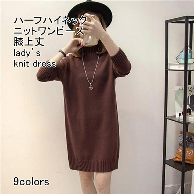 【送料無料】ニットワンピース レディース インナー 無地 ハーフハイネック 長袖 リブ編み 防寒性 トップス カジュアル 柔らかい 暖かい 着回し ゆったり 体型カバー シンプル 快適 春秋 通勤 通学 普段着 ニットセーター ロングニットのサムネイル