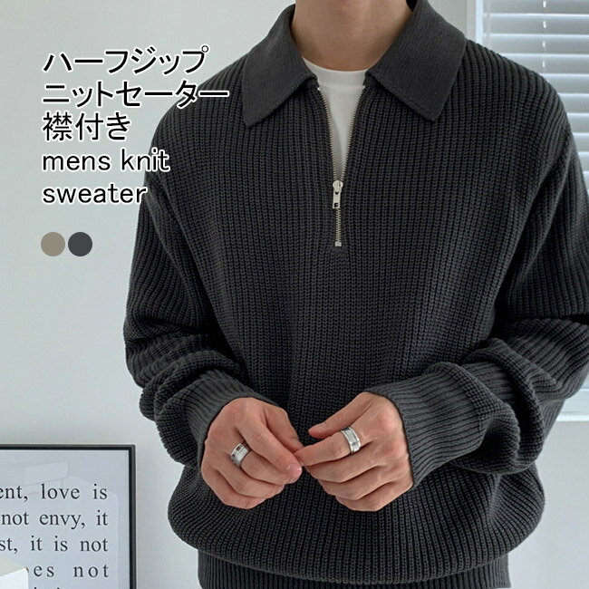 【送料無料】ニットセーター メンズ アウター 無地 折り襟 長袖 ハーフジップ ストレッチ性 リブ編み トップス カジュアル 柔らかい ゆったり 体型カーバー ...