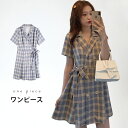 【送料無料】ワンピース レディース 半袖 リボン チェック柄 可愛い おしゃれ シンプル 膝丈 ゆったり カジュアル すっきり 夏新作(4)