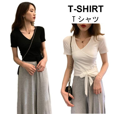 Tシャツ レディース 可愛い おしゃれ ゆったり 無地 Vネック 半袖 すっきり シンプル リボン キレイめ トップス 夏新作