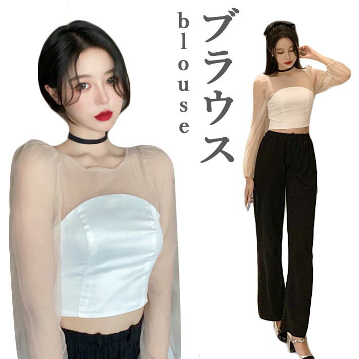 乐天商城 - 【送料無料】メッシュブラウス Tシャツ レディース 春 秋 冬 長袖 おしゃれ ふんわり 透け感 キレイめ リボン ショート丈 ゆったり シンプル 可愛い 通学 通勤 トップス 春新作