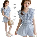 【送料無料】セットアップ 子供服 カジュアルセット ノースリーブ ショートパンツ ストライプ柄 フリル ゆったり ウエストゴム 薄手 爽やか お洒落 カジュアル...