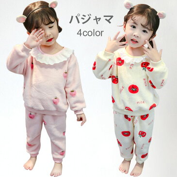 パジャマ 子供服 上下セット 女の子 女児 ガールズ セットアップ 寝間着 ナイトウエア ルームウエア パジャマセット ラウンドネック 長袖 もこもこパジャマ レース付き プルオーバー ウエストゴム ふわふわ 可愛い 冬新作