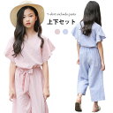 【送料無料】上下セット 子供服 セットアップ Tシャツ 九分丈パンツ 半袖Tシャツ ストライプ柄 ワイドパンツ フレアスリーブ リボン付き ウエストゴム ゆったり 薄手 爽やか 春新作