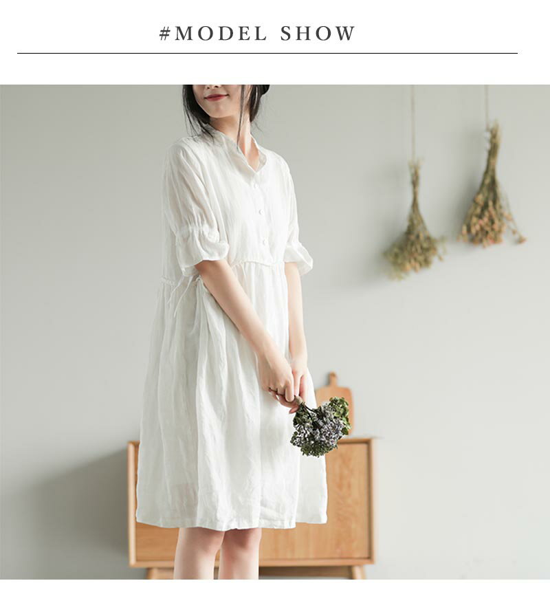 リネンワンピース 夏 五分袖 レディース リネンワンピ リネン ワンピース 麻 麻生地 膝丈ワンピース 夏ワンピース 膝丈ワンピース ミディアム丈ワンピース 春夏 ナチュラル フレア裾 バンドカラー 細見せ 可愛い 優雅 清楚 エレガント 上品 淑やか 普段着 春 夏 秋 夏新作