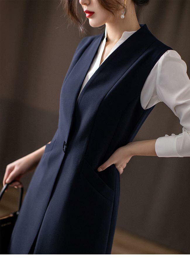 ロングベスト レディース ジレベスト オフィス ベスト 前開き ロングジレ チョッキ 通勤 羽織り 重ね着 レイヤード Vネック 薄手