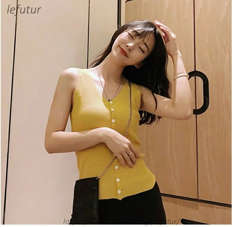 【送料無料】ノースリーブニット Vネック リブニット レディース 女性 トップス 袖なし 前ボタン 前開き 無地 単色 シンプル 着回し 合わせやすい お洒落 カジュアル お出かけ 2