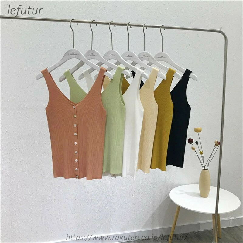 【送料無料】ノースリーブニット Vネック リブニット レディース 女性 トップス 袖なし 前ボタン 前開き 無地 単色 シンプル 着回し 合わせやすい お洒落 カジュアル お出かけ 3