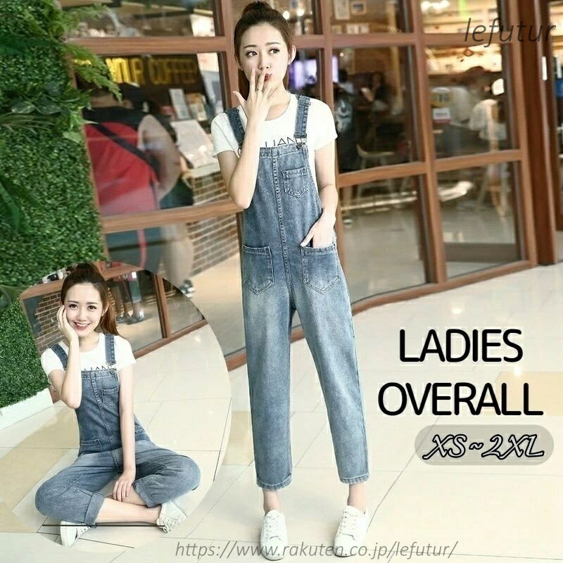 【送料無料】オーバーオール サロペット デニム レディース 女性 ロングパンツ 9分丈 オールインワン 大きいサイズ つなぎ ブルー ジーンズ 定番 胸ポケット カジュル 無地 シンプル