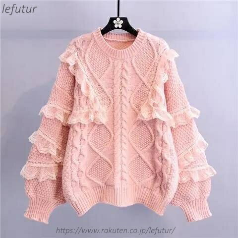 Three-Quarter Knit - 【送料無料】レディース　レースセーター　セーター 秋冬 切り替え フリルセーター インナーセーター ゆったり ケーブル編み トップス 丸襟 ショート丈 長袖 ゆったり 大きめ ローゲージニット 送料無料 無地 レース付き シンプル カジュアル おしゃれ フェミニン
