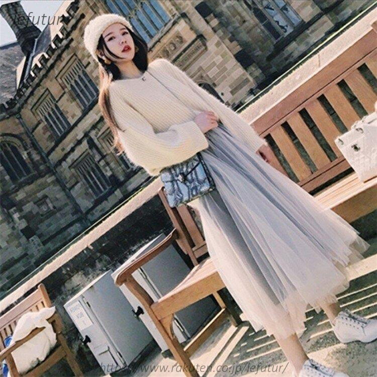 Skirt Suits - 【送料無料】2点セット ニットワンピース スカート チュール レディース メリヤス セーター 秋冬 40代長袖トップス 上下セット 韓国風 通勤 OL オシャレ